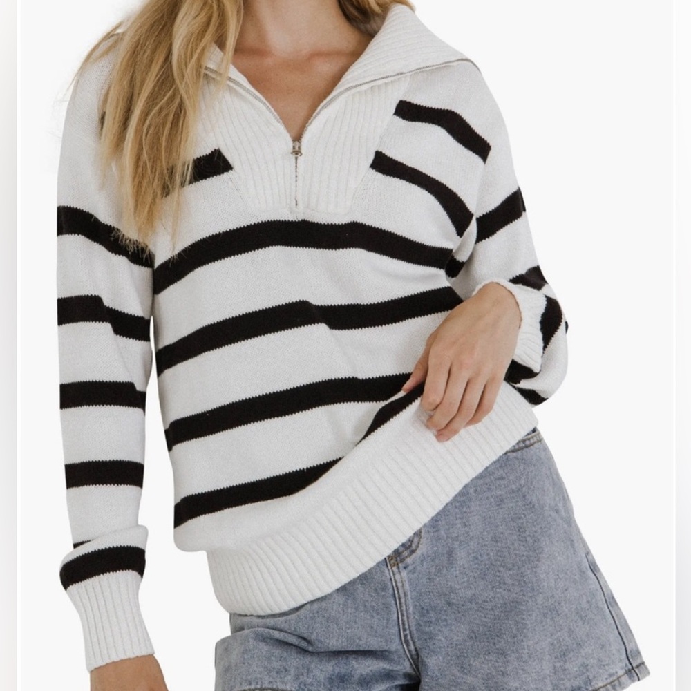 English Factory Navy and White Stripe Cotton Zip Pullover Size L Gently worn